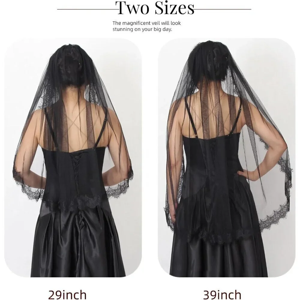 Black Lace Wedding Veil Fingertip Length Tulle Bridal Accessory